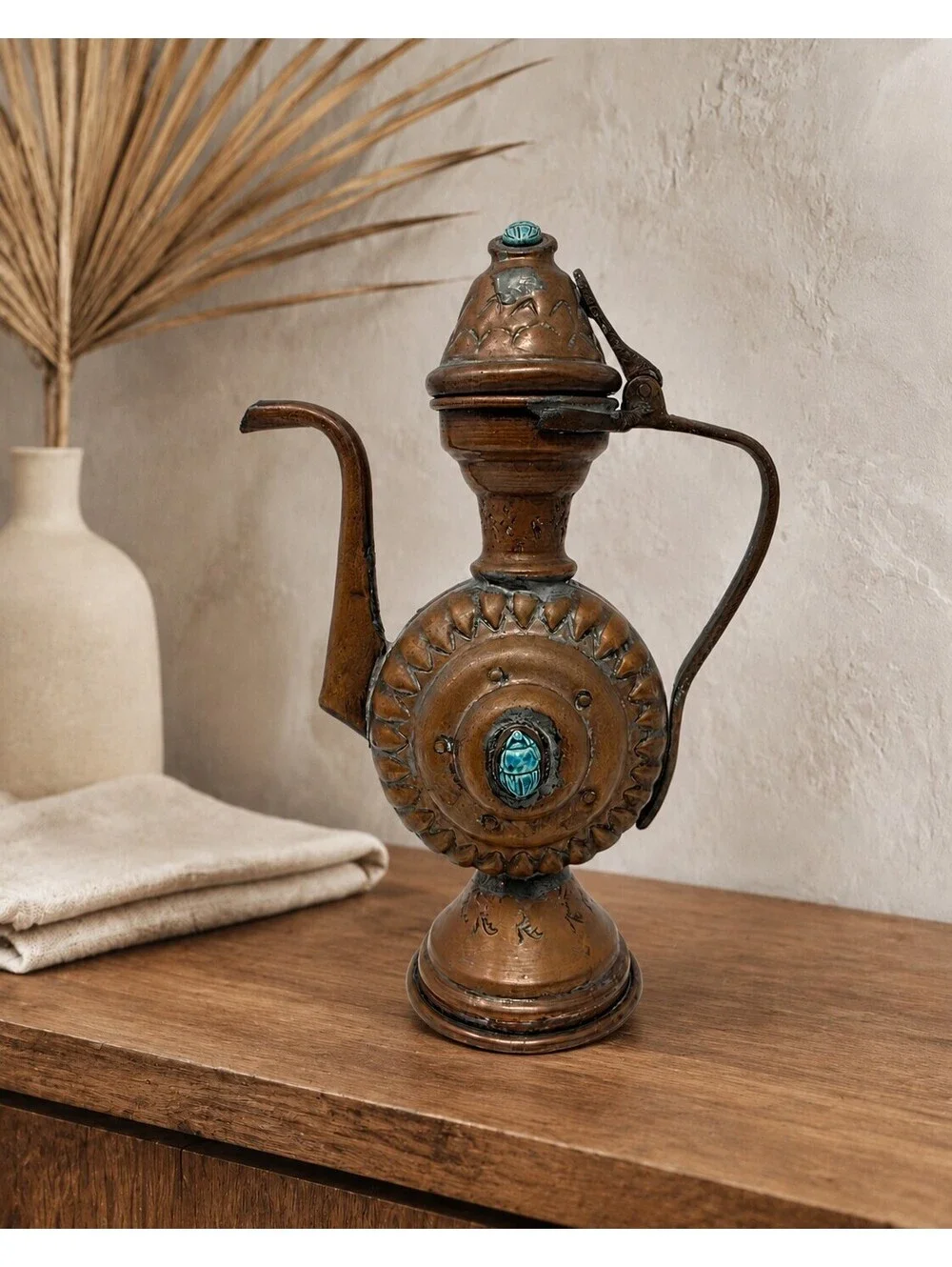 Vintage Egyptian Copper Scarab Coffee Pot Handmade Ewer 7.75 Inch
